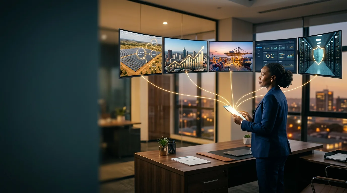 Advisor in a Harare office reviewing five practice areas on screens, converging into one tablet